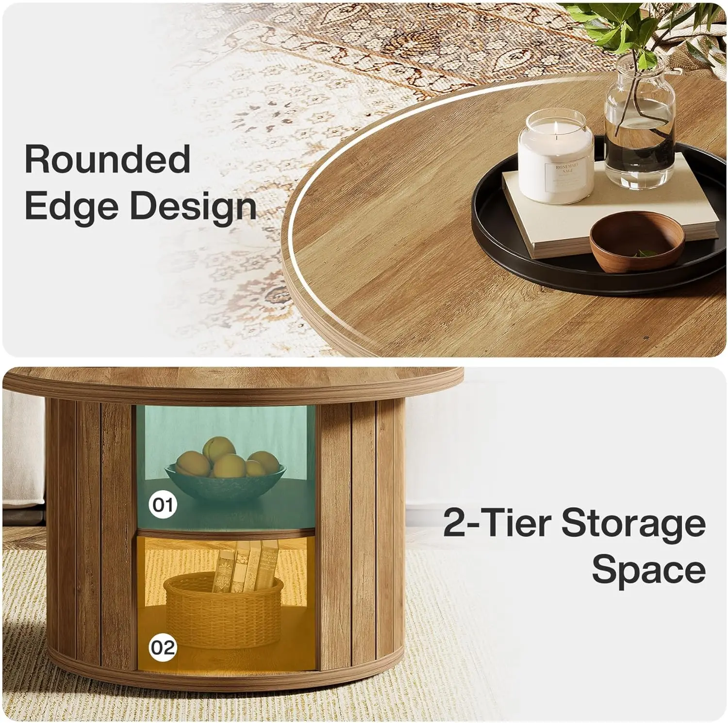 Mesa de centro con almacenamiento, mesa central circular pequeña de 31,5" para salón, marrón rústico