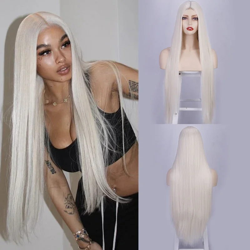 Długa syntetyczna peruka prosta 32 cale białe peruki z częścią środkową dla kobiet Cosplay blond imbirowa peruka z włókna termoodpornego