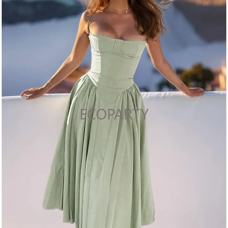 Women's Dress 2025 Spring/Summer New Style Solid Color Fashion Elegant Retro Style Dopamine Strap Long Dress Women's Wear