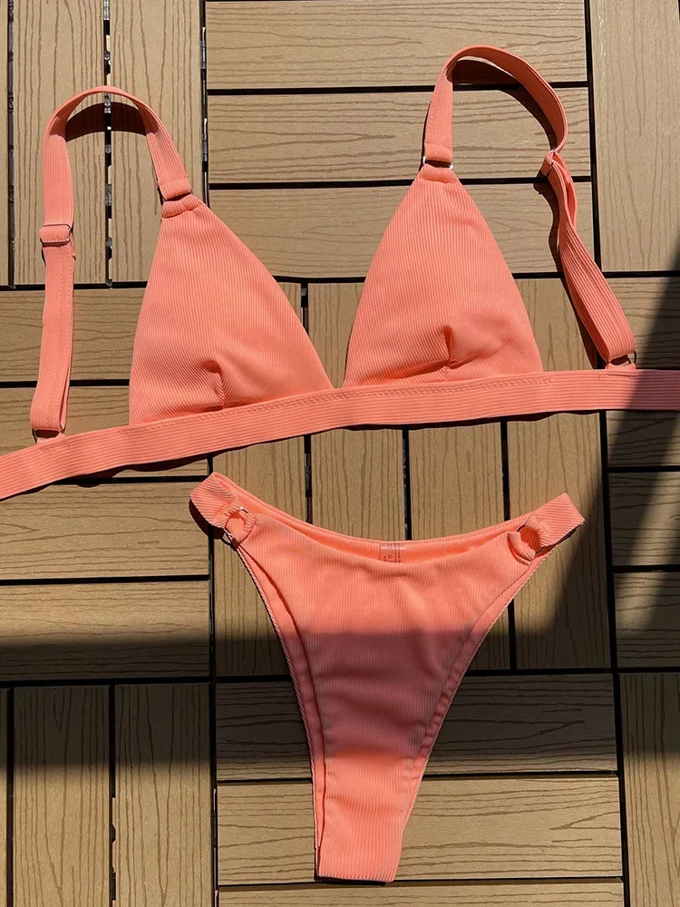 

Ребристый треугольный бикини с высоким вырезом, женский купальник, женские стринги, купальник из двух предметов, комплект бикини, кольца, купальный костюм, купальный костюм, женский купальный костюм