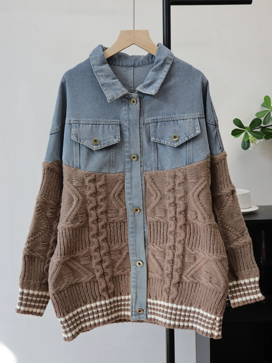 Mulheres denim malha cardigan camisola emendado jumper turn down collar manga longa único breasted solto casual 2025 outono inverno