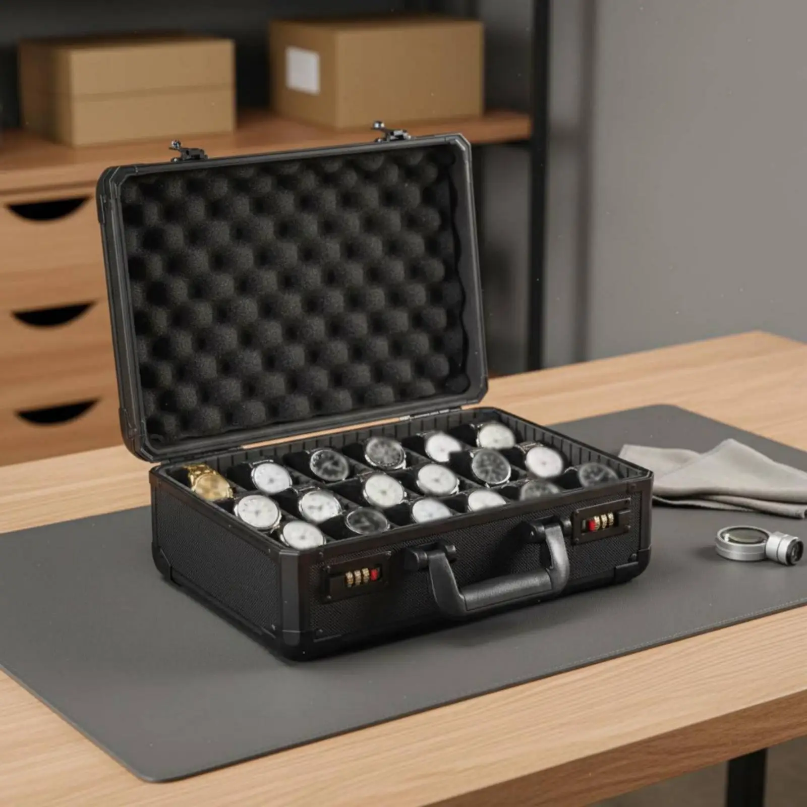 Watch Display Case with Movable Dividers Double Combination Lock Aluminum Frame for Collector
