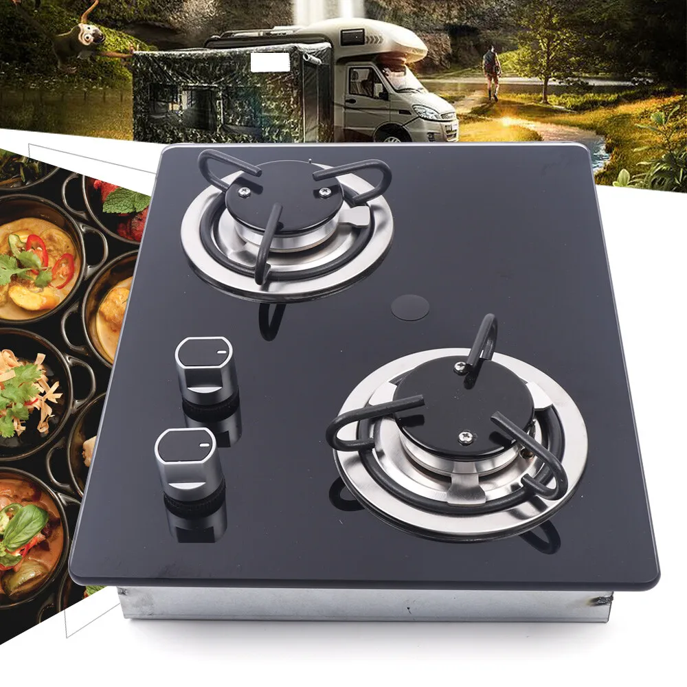 

RV Caravan Camper Boat LPG Gas Stove Hob 2 Burner Tempered Glass Cooktop Kitchen