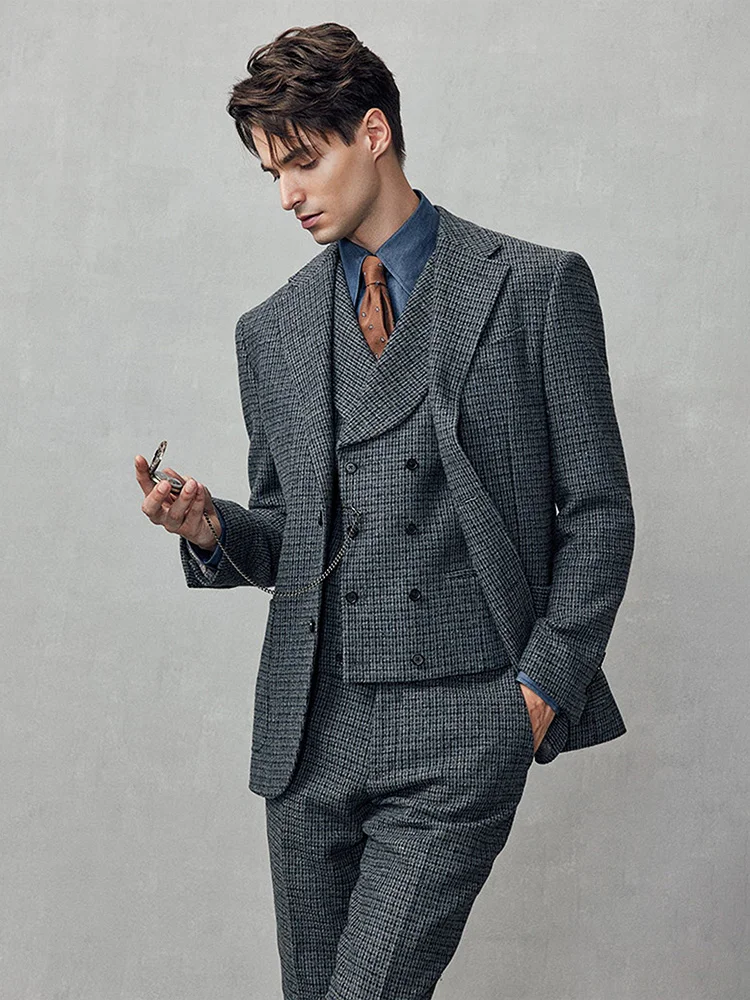 

50% Wool Men Suits Set Blazer Vest Pant Small Grey PlaidAutumn Christmas Party Dinner Suit Formal Wedding Groom Wear 46A 54A