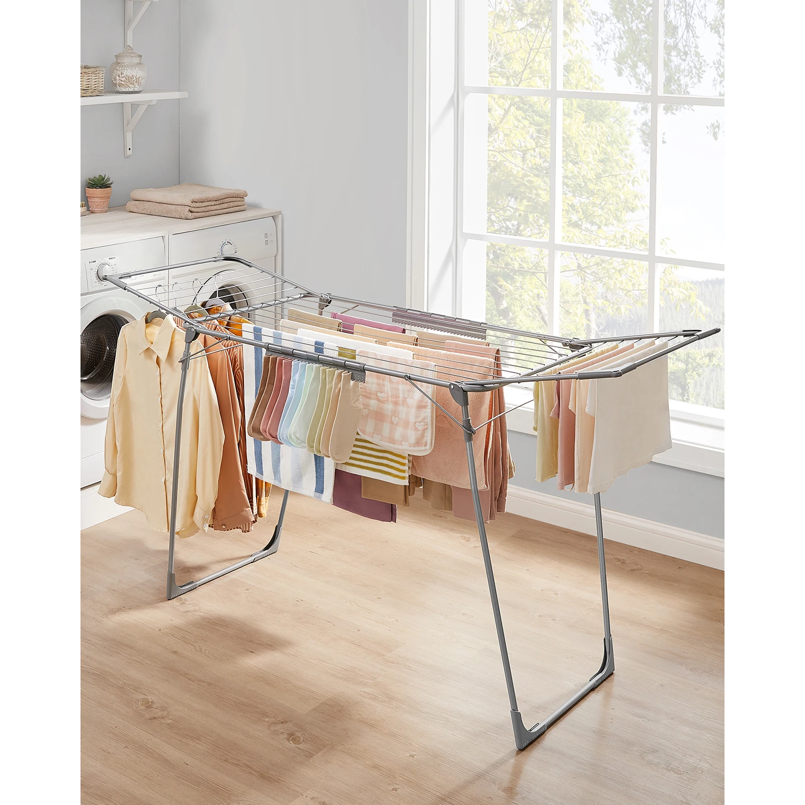 SONGMICS Clothes Drying Rack, 56.5 x 173 x 96.5 cm Winged Clothes Airer, Space-Saving Laundry Drying Rack