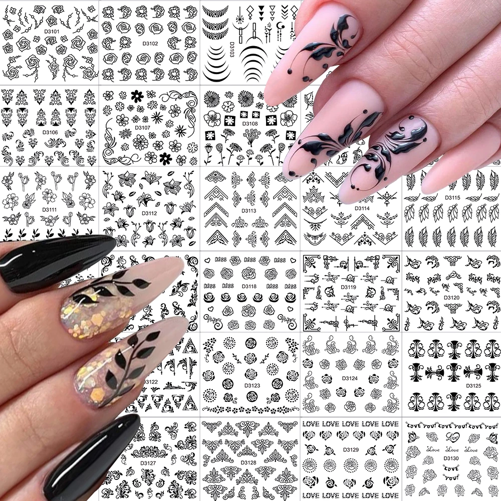 30Pcs/set Black Lace Retro Flower Nail Art Stickers 3D Vine Leaf Floral Nail Decals Self Adhesive Black Flowers Nail Decoration