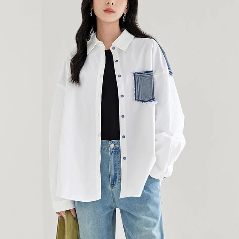 Spring Autumn New Turn-down Collar Fashion Long Sleeve Shirt Women High Street Casual Loose Pockets Patchwork Button Cardigan