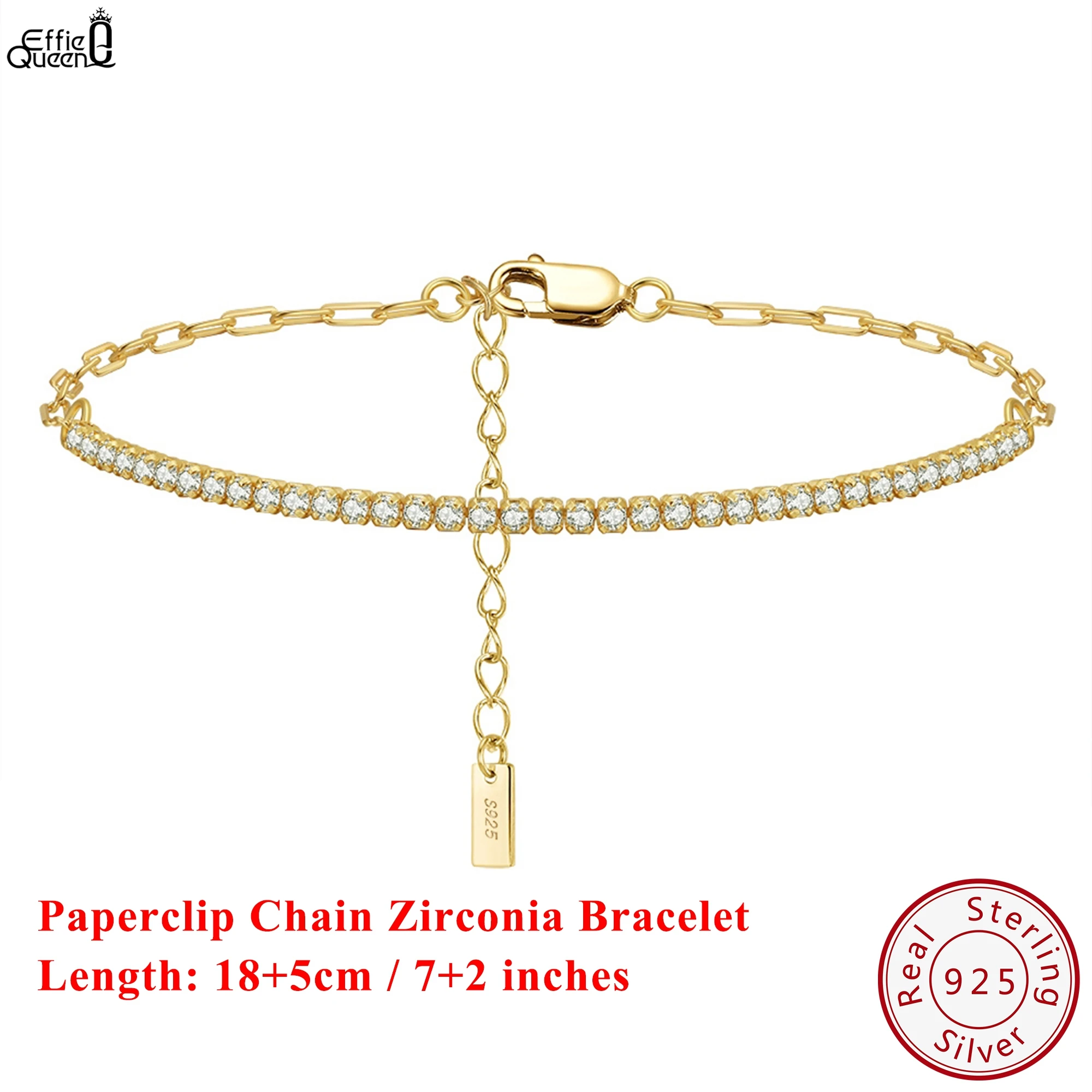 

EFFIE QUEEN 925 Sterling Silver 14k Gold Tennis Chain Bracelet Paperclip Chain and Zirconia Fine Jewelry for Women Banquet SB141