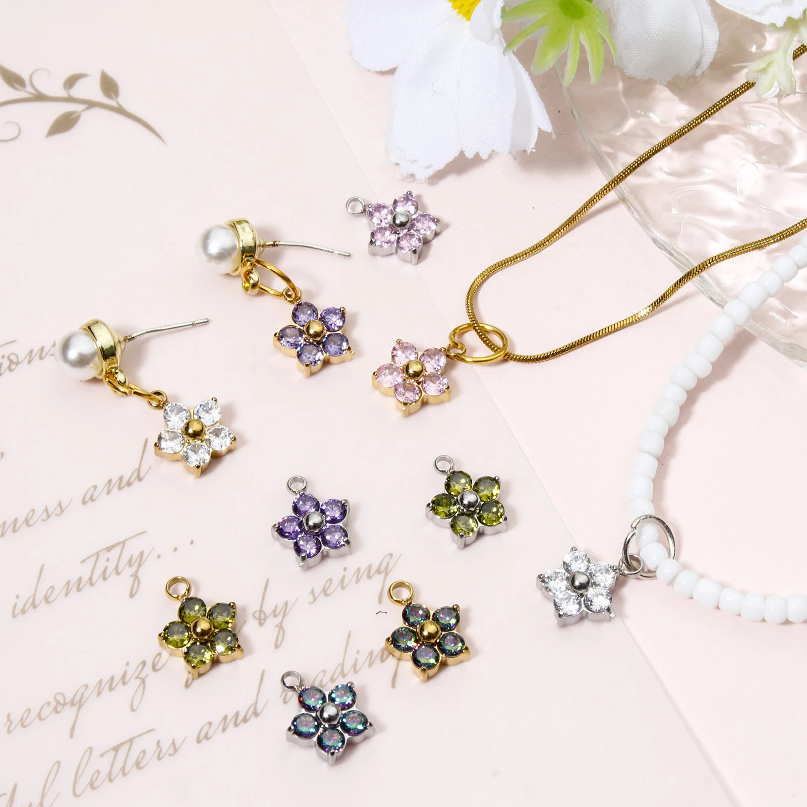 10pcs 304 Stainless Steel Flower Charms Plum Blossom Multicolour Cubic Zirconia Pendant for Jewelry Making Wholesale 11mmx9mm