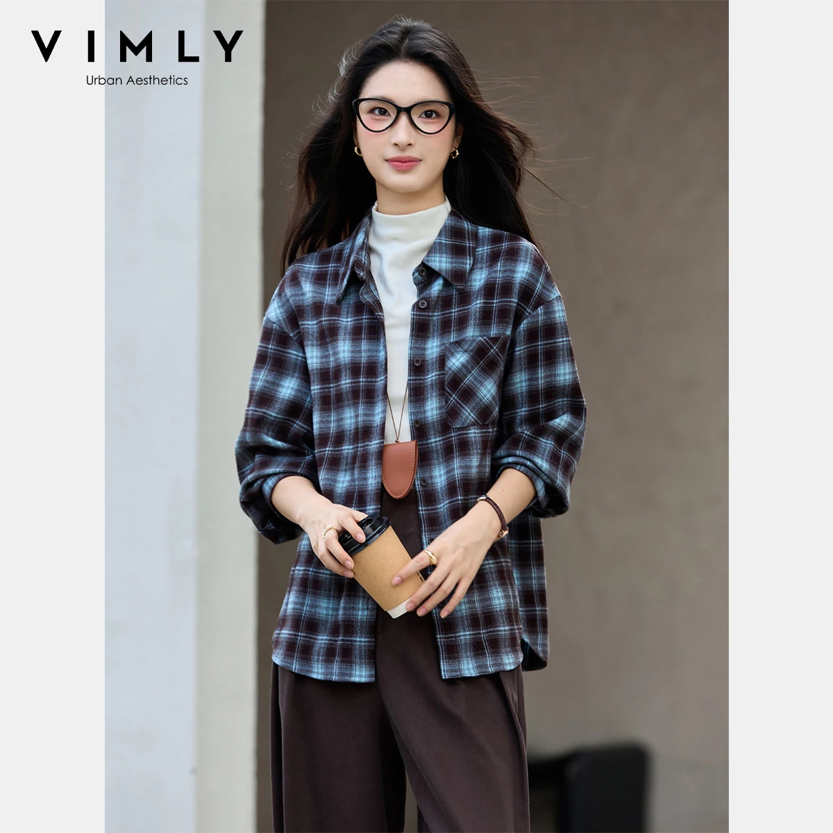 

VIMLY Women's Plaid Shirt Vintage Autumn 2025 New Casual Long Sleeve Ladies Blouse Turn-down Collar Straight Female Shirts A3085