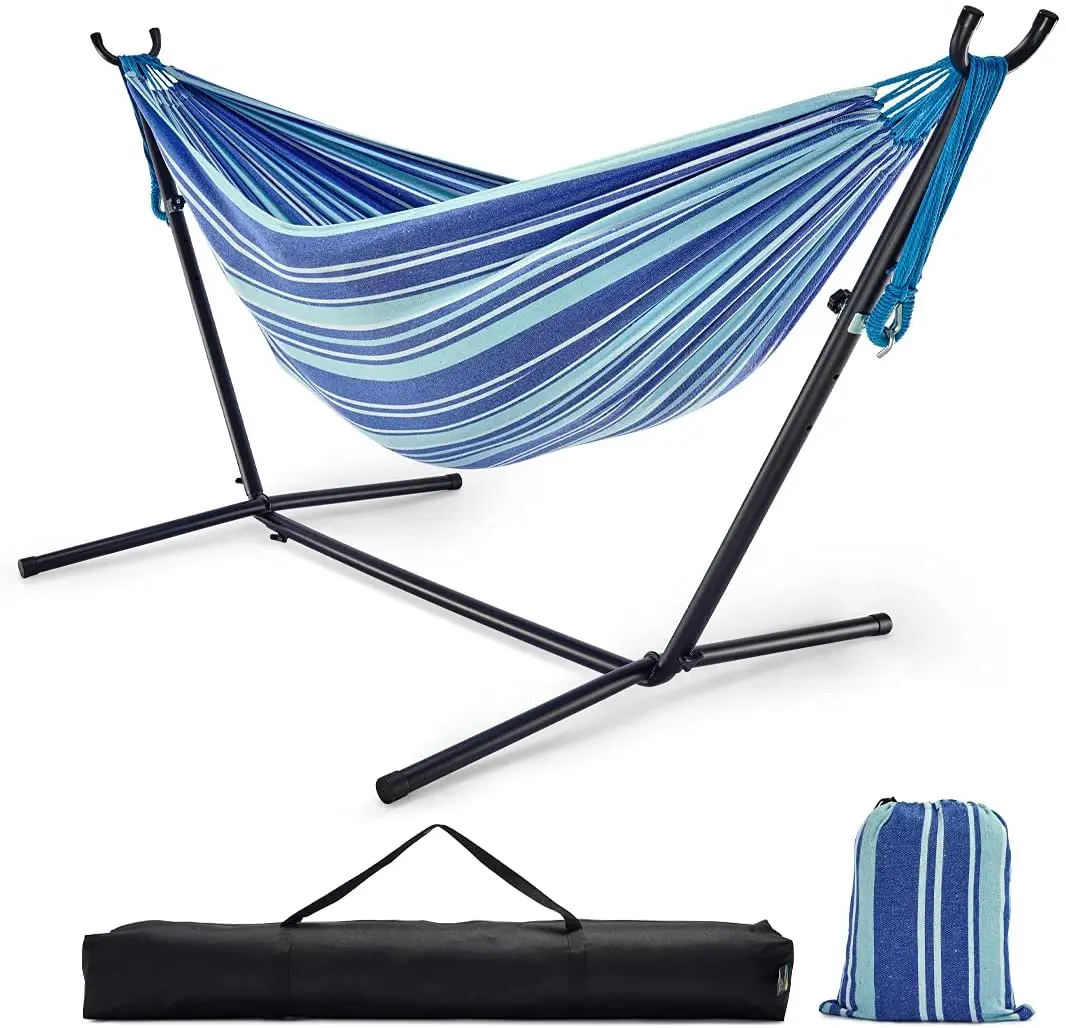 WOQI 2-Person Cotton Double Hammock Bed with Carrying Bag Steel Stand colour Stripes