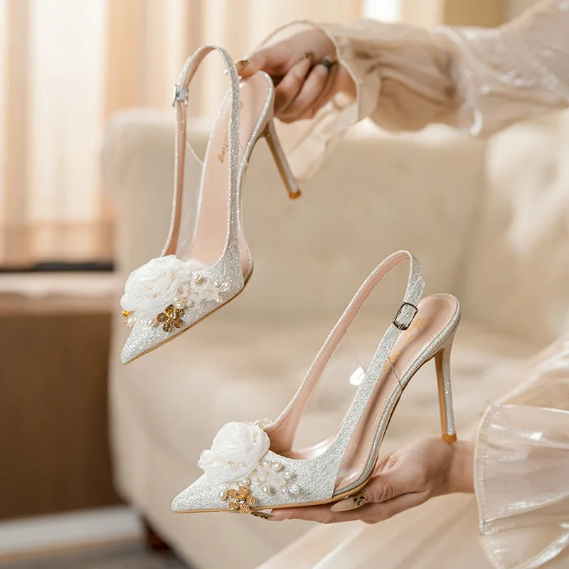 2026 Elegant White Flower Slingback Sandals, Pointed Toe Thin Heel High-Heeled Single Shoes for Bride Fashion #TY-XW5