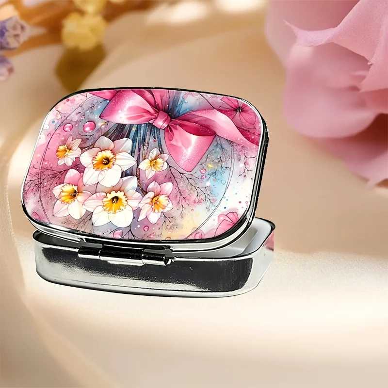 Flower Bowknot Pink Cute Cartoon Bowknot Animal Square Pill Box Mini Pill Box 2-Compartment Pill Organizer Home Portable Storage Box Travel Essential Stylish Compact