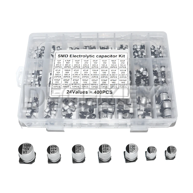 400PCS capacitor kit Aluminum Electrolytic SMD condensadores electrolíticos 1uF~1000uF 6.3V-50V 24Value with box kit