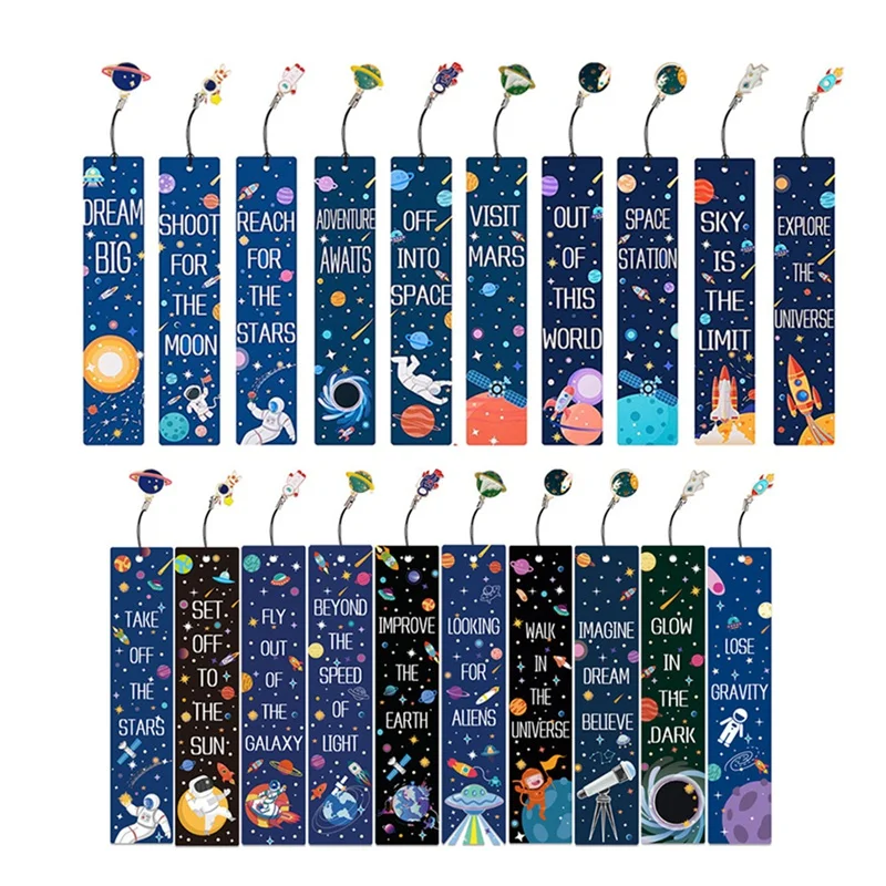 

20PCS Space Ship Theme Bookmarks With Metal Charms Planet Color Inspirational Quotes Cards For Kids Boys Girls Easy To Use