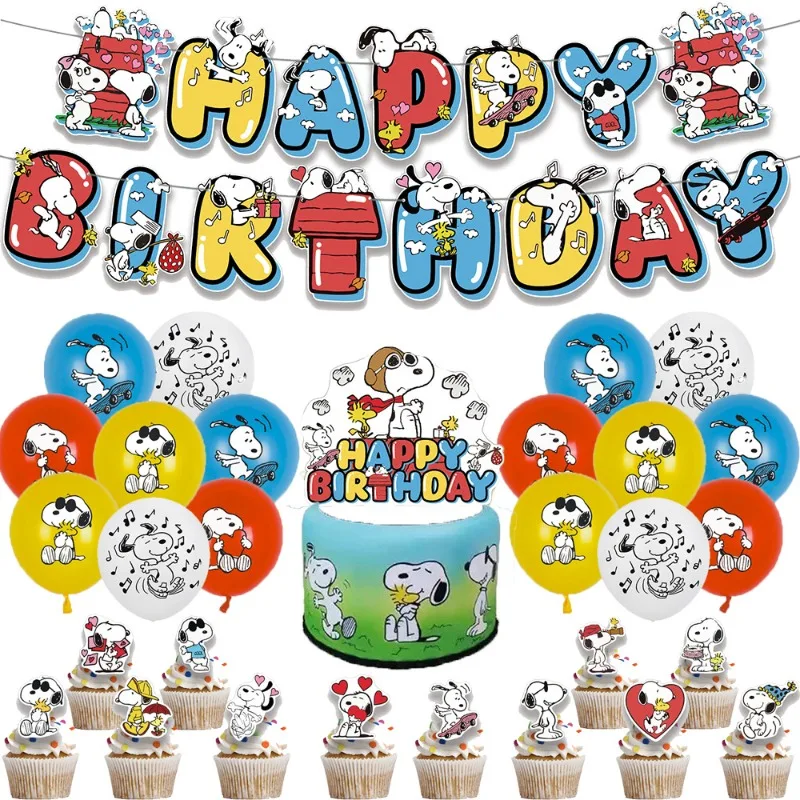Heißes Snoopys Party-Zubehör-Set: Flaggen-Girlande, Luftballons, Tortenaufsatz für Happy Birthday Cupcakes, Dekoration, Babyparty-Geschenk