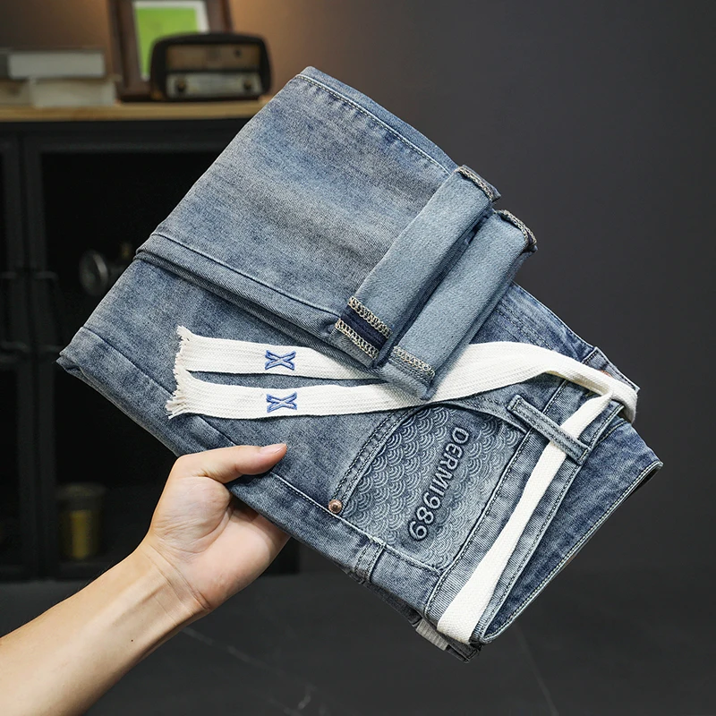 2024Summer New Jeans Men's High Elasticity Waist Strap Matching Japanese Style Boy Straight High-End Washed Trousers