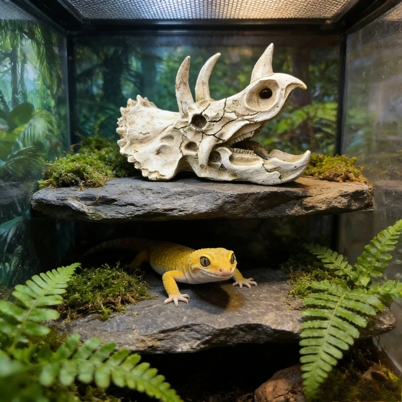Reptile Resin Simulation Skull Hideout, Triceratops Dinosaur Fossil Terrarium Decor, Basking Platform Cave for Lizards Geckos
