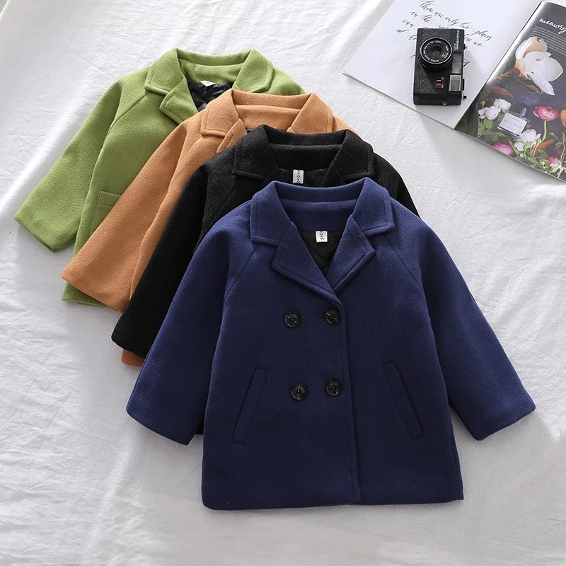 2-6 Years Boys Double Breasted Woolen Coat Fashion Mid-length Plaid Trench Jacket Spring Autumn Kids Fashion Lapel Outerwear
