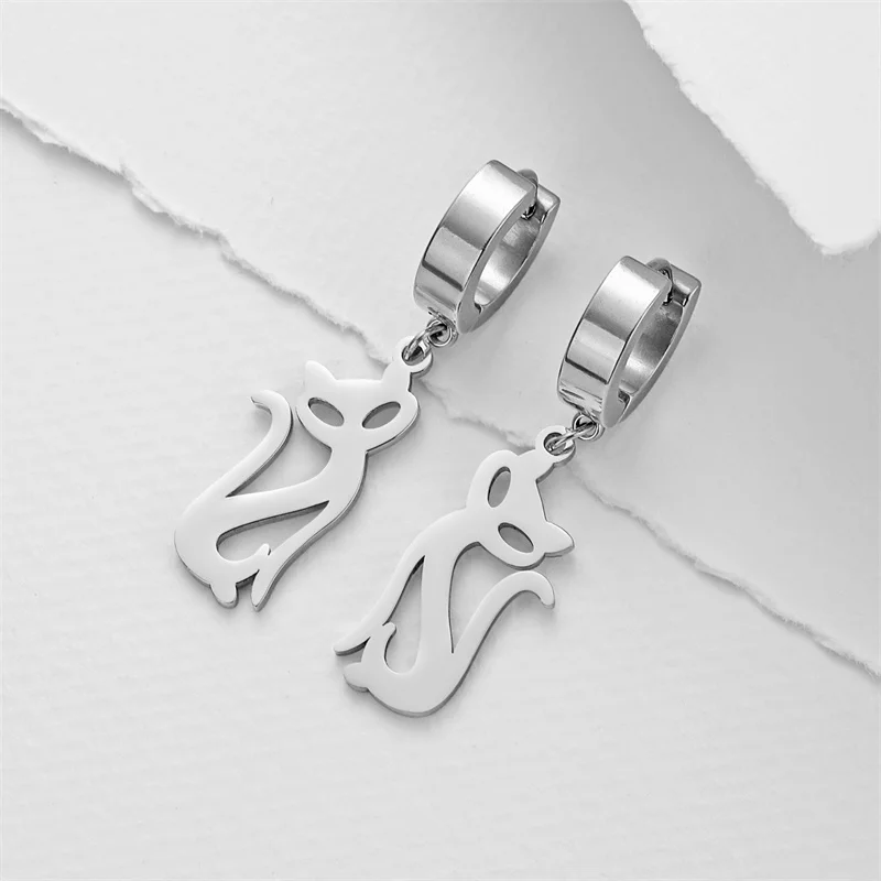 Stainless Steel Earrings for Women Girls Punk Cat Drop Earrings Korean Statement Earring Animal Jewelry Gift aretes de mujer