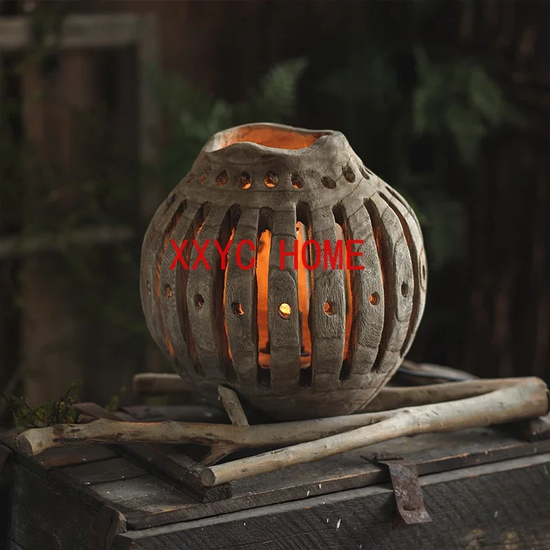 

Solid Wood Hollow Table Lamp with Base Decorative Supplies Retro Distressed Indoor Decoration