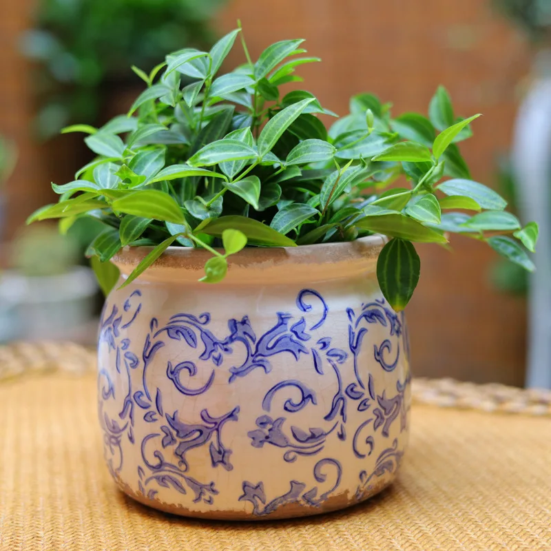 Ceramic vintage distressed round succulent flower pot with ice crack pattern, blue and white porcelain green plant planter