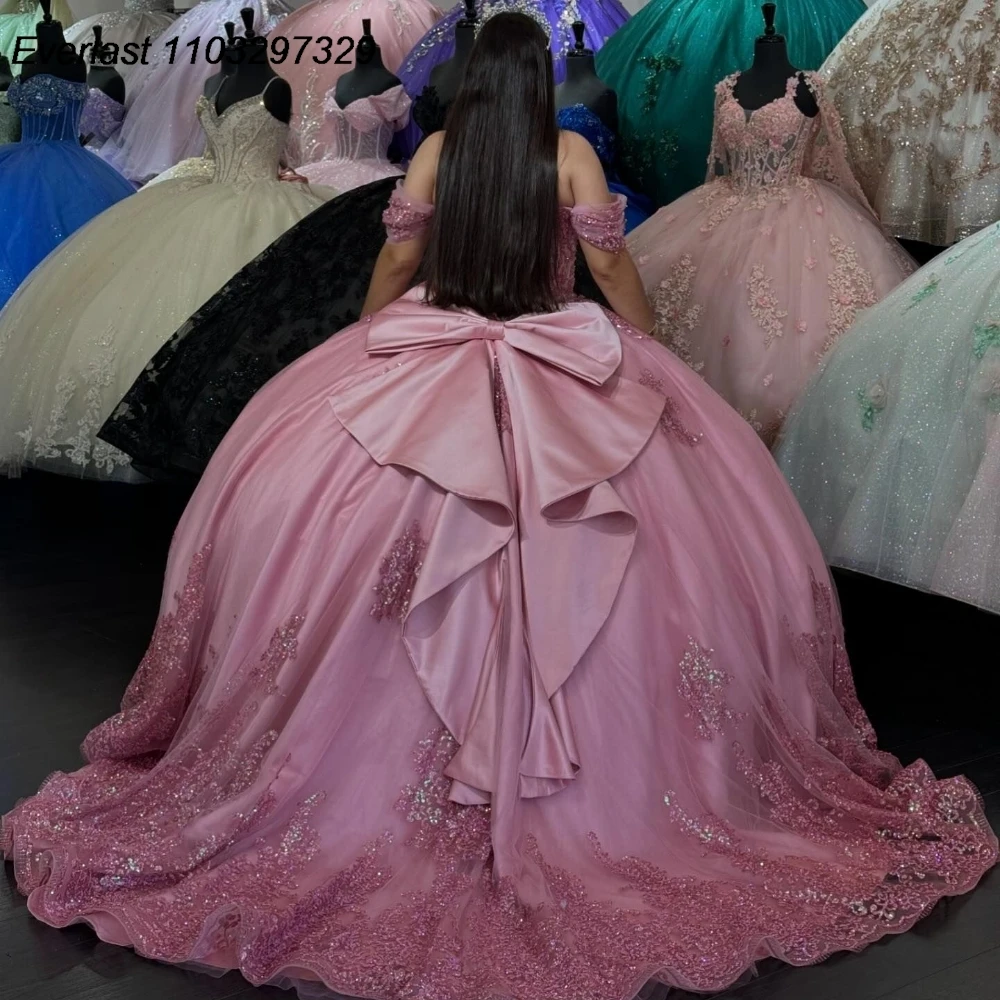 Evlast Hete Roze Quinceanera Jurk Baljurk Glanzende Pailletten Kanten Kralen Strik Korset Sweet 16 Vestido De 15 Anos Qd1046