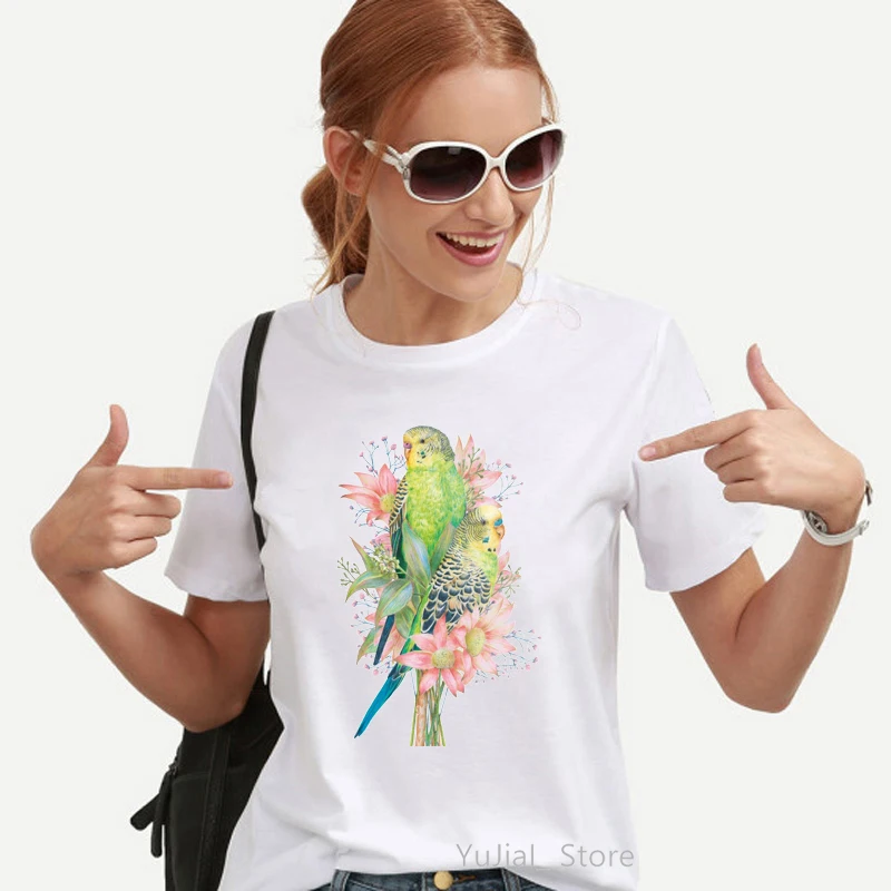 Watercolor Cockatiel Parrot Bird Print Women\'S T-Shirt Funny Avocado T Shirt Femme Harajuku Kawaii Clothes White Tshirt Female