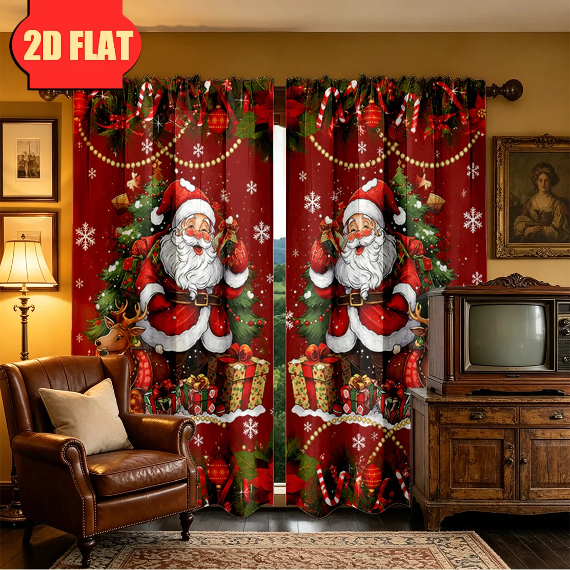 Christmas Santa Claus Family Christmas Curtain Pair Red Holiday Festive Window Drapes for Living Room Decor