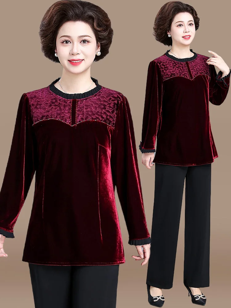 

Весенняя модная бархатная блузка с длинным рукавом для женщин среднего и старшего возраста, повседневная блузка-топ
