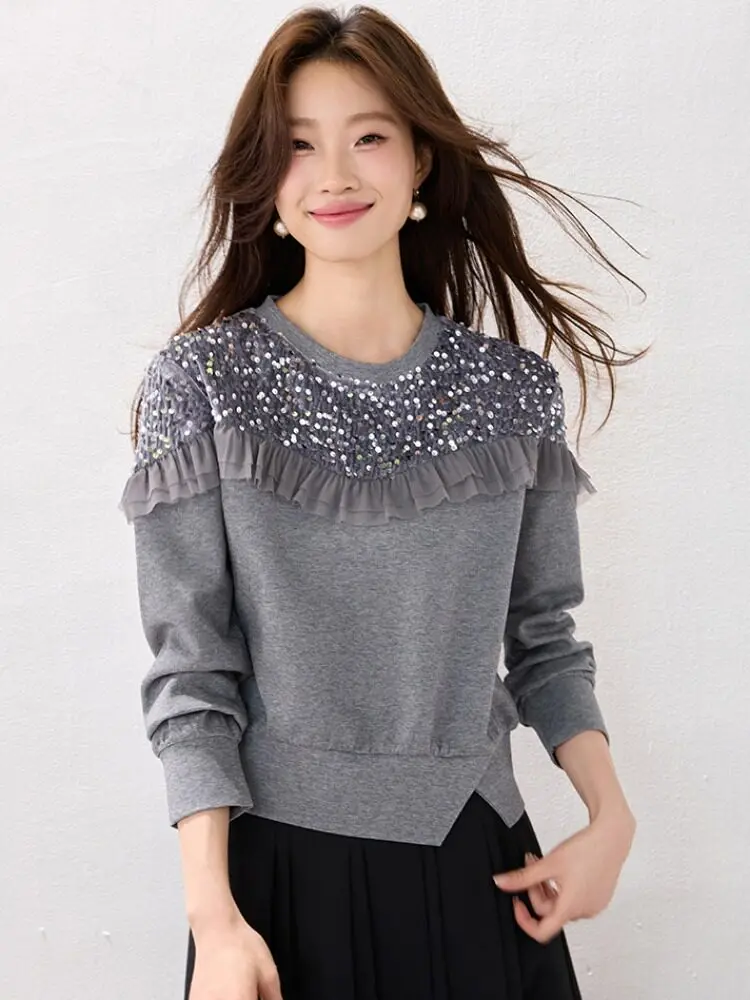 Sequins Splicig Ruffles O-Neck Sweatshirt Women's Spring Autumn Fashion Long Sleeve Loose Pullovers New Korean Style Sweet Tops