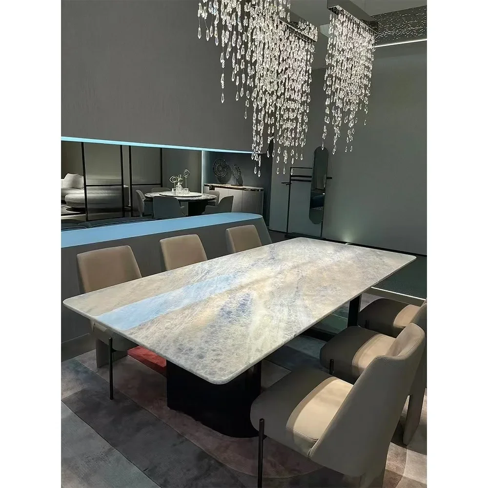 Luxury stone blue crystal dining table Italian minimalist villa luxury mansion high-end natural marble rectangular dining table