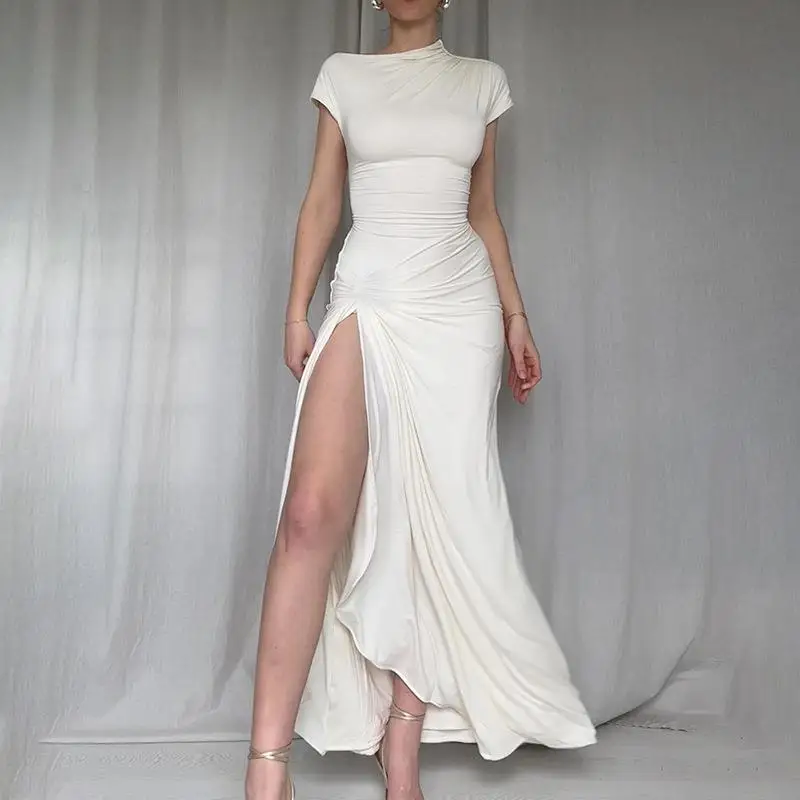

Sexy Long Dr Slim Fit High Waist Knot Slit Gown European Sle Polyester Fiber No Sve round Ne Busin Home Wear