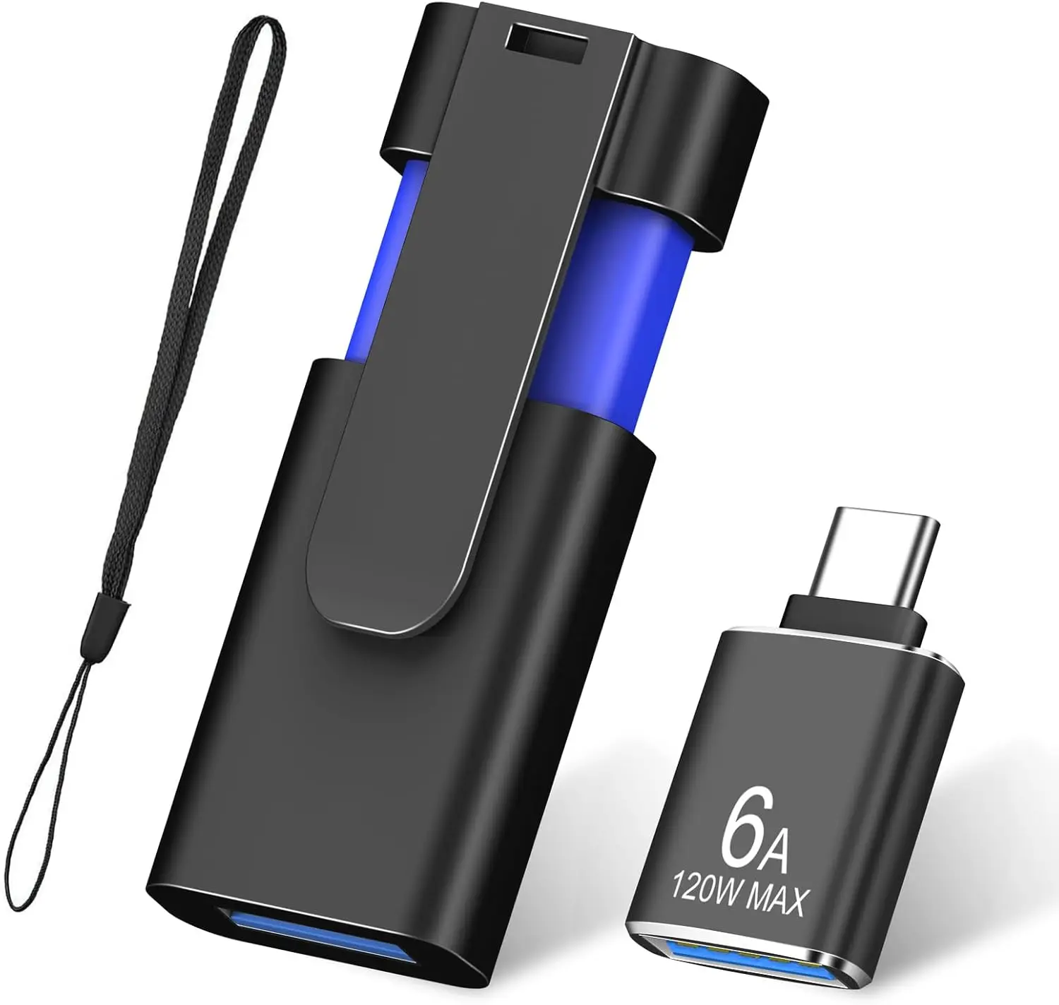 

64GB USB 3.0 Flash Drive with Type-C Adapter, Retractable Thumb Drive for Fast Data Transfer - Blue