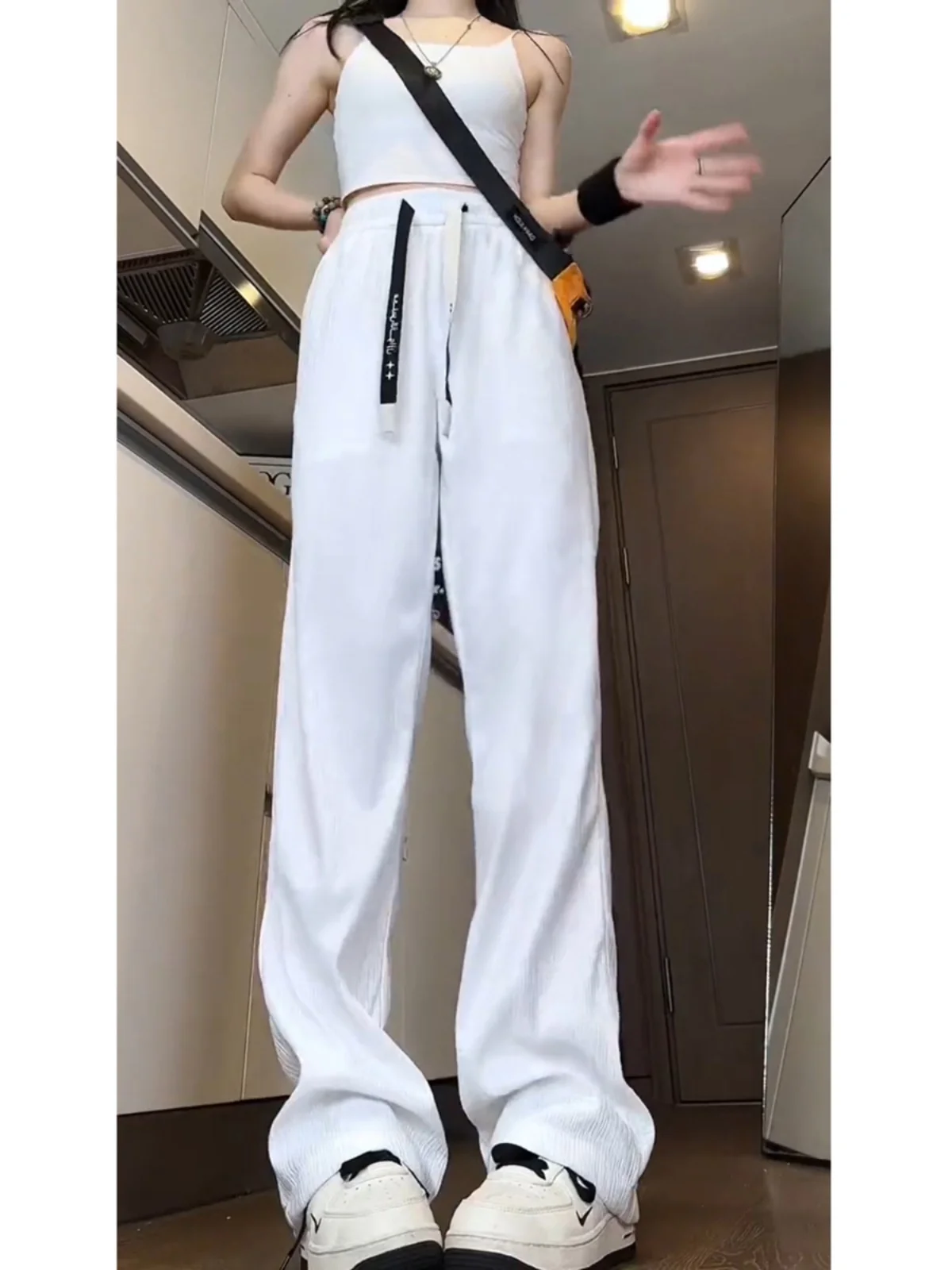 

Ice Silk White Casual Pants High Waist Qui Dry Straight Leg Men's Summer Youth Faionable Trousers Anti-Wrinkle Leisure Pants