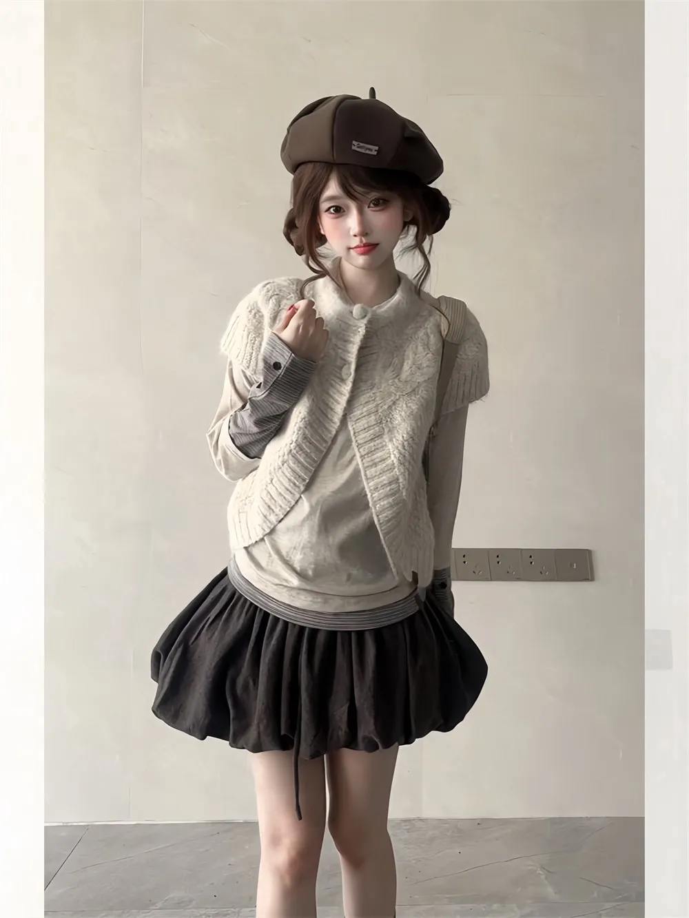 Sweet Early Taste Girl Feel Open Cardigan Vest Padded Short Skirt Three Piece Set Autumn Fashion Women's Clothing