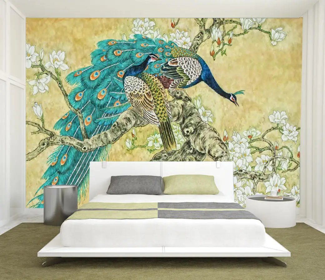 Custom art wallpaper new Chinese white magnolia branch peacock rockery living room sofa TV background papier peint 3d wallpaper