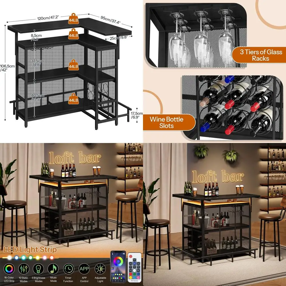 

L-Shaped Home Bar Unit with Glass Holder, 4-Tier Shelves, Mini Coffee Liquor Cabinet, LED Light, App Control for Kitchen, Pub, B