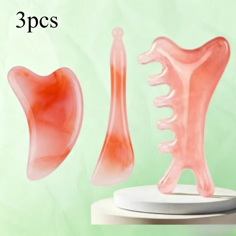 3pcs Set - Pink Resin Scraping Kit, Heart-Shaped Scraper, Acupressure Stick And Scalp Comb, Facial Eye Nose Head Massage Tools