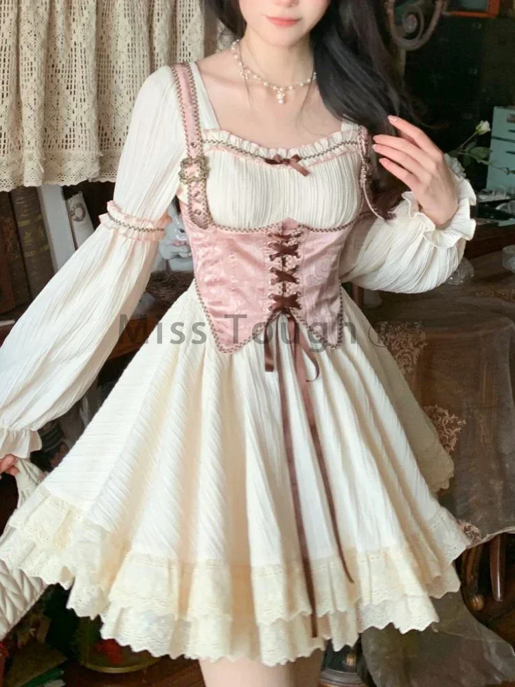 

Pure Color Lolita 2 Piece Set Women Autumn Fashion Sweet Exquisite Suit Female Long Sleeve Dress + Lace-up Jacquard Waistcoat