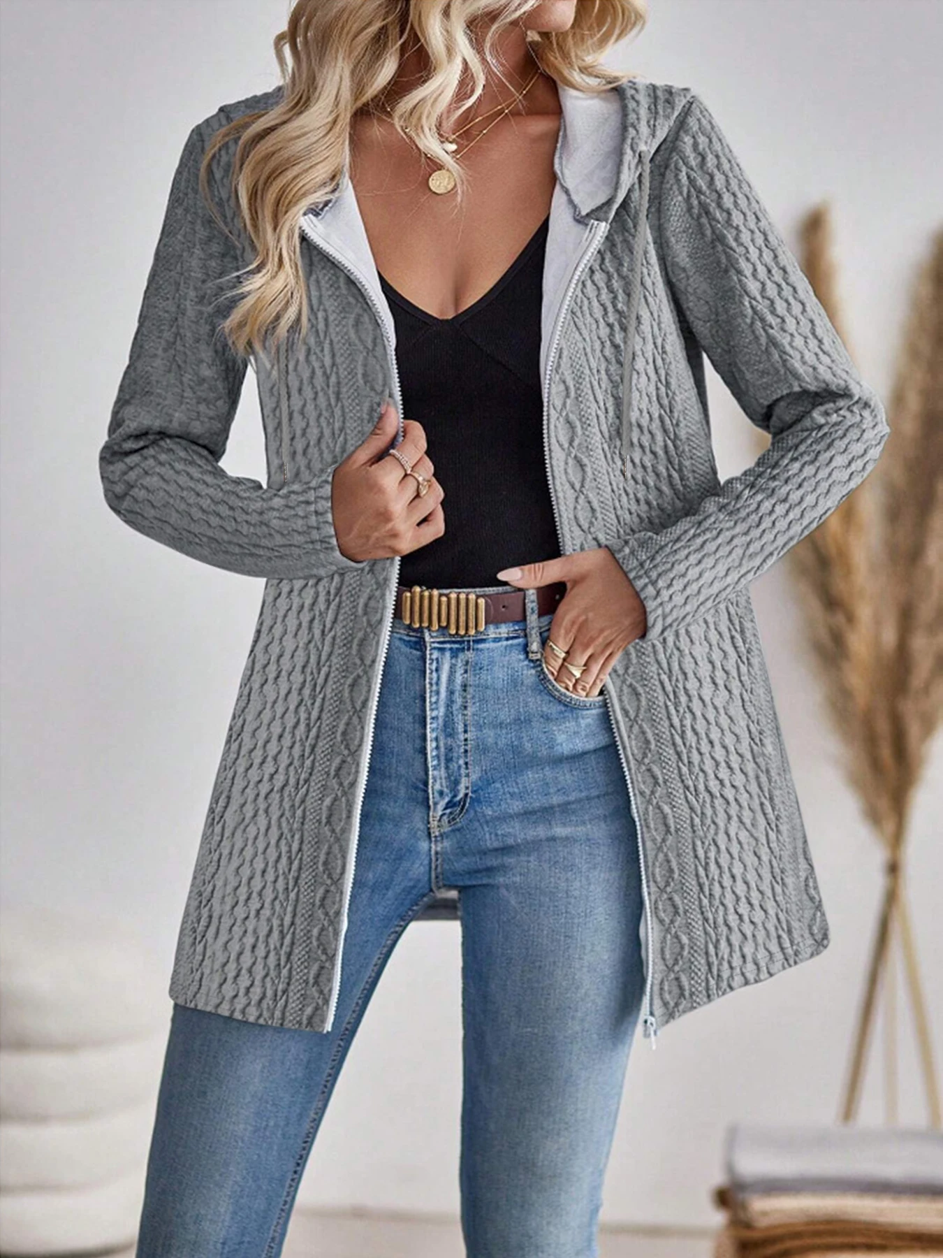 women'sElegant directional fashionable texture solid color zipper hooded sweatshirt