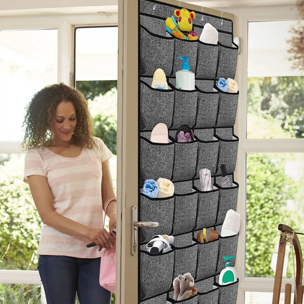 Durable 24 Pocket Over Door Hanging Shoe Rack Large Grey Closet Organizer Storage Bag Non-woven Hanging Storage Hanger