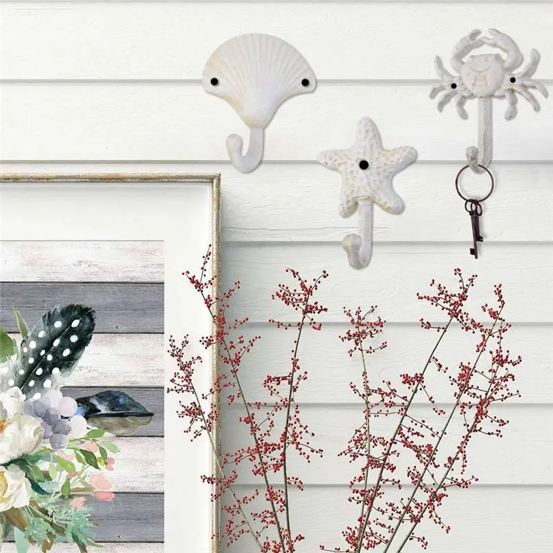 A02M-Set Of 6 Starfish Seashell Crab Cast Iron Decorative Wall Hooks Coats Aprons Towels Hooks Beach Ocean Theme Metal Hooks