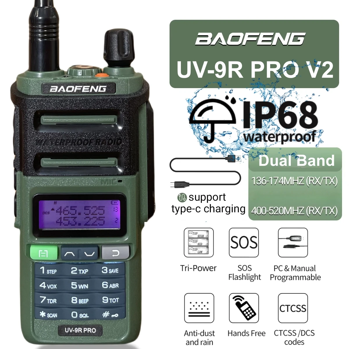 Baofeng UV 9R Pro V2 IP68 Водонепроницаемая рация Tri-Power Type-C Зарядное устройство Двухдиапазонный трансивер Ham Two Way Radio