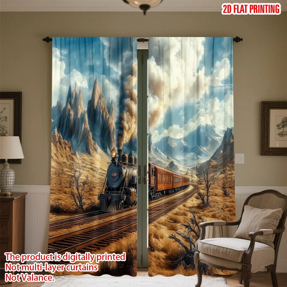 

2D flat printing 2pcs Drapes Steam Train in Desert Digital Printed Polyester Drapes Family Party for Photo Booths Birthdays