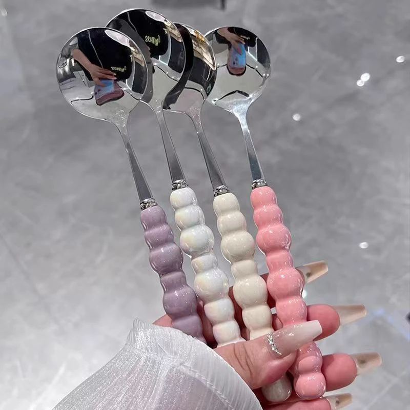 Pearl Handle Spoon Stainless Steel Stirring Spoons Ice Cream Cake Dessert Spoon Bar Kitchen Accessories Party Cutlery Gadgets