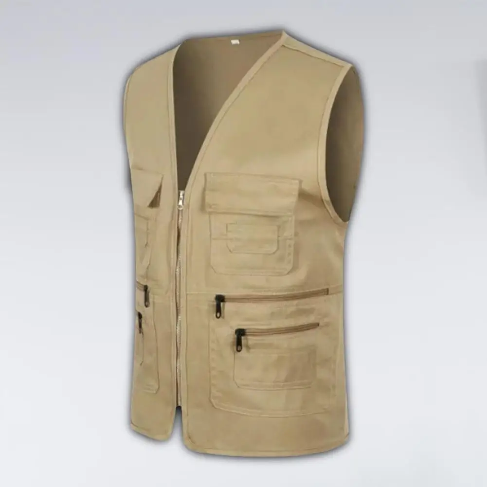 Men Vest JacketMultiple Pockets Zipper Sleeveless Fishing Waistcoat Camping Work Clothes V Neck Outdoor Waistcoat Volunteer Vest
