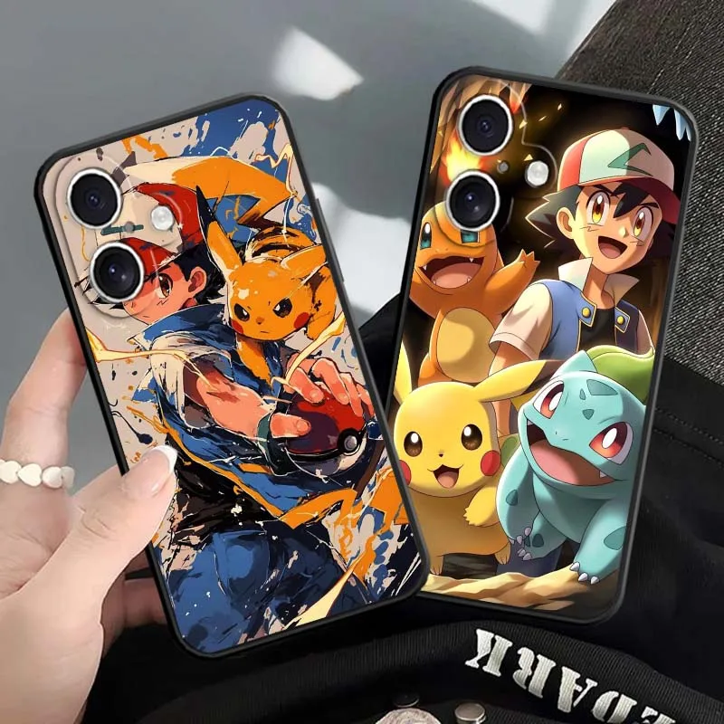 

Fashion P-Pok é M-mon Pattern For Apple iPhone 16 16E 15 14 13 12 11 XS X Pro Max Plus Black Soft Silicone Cover