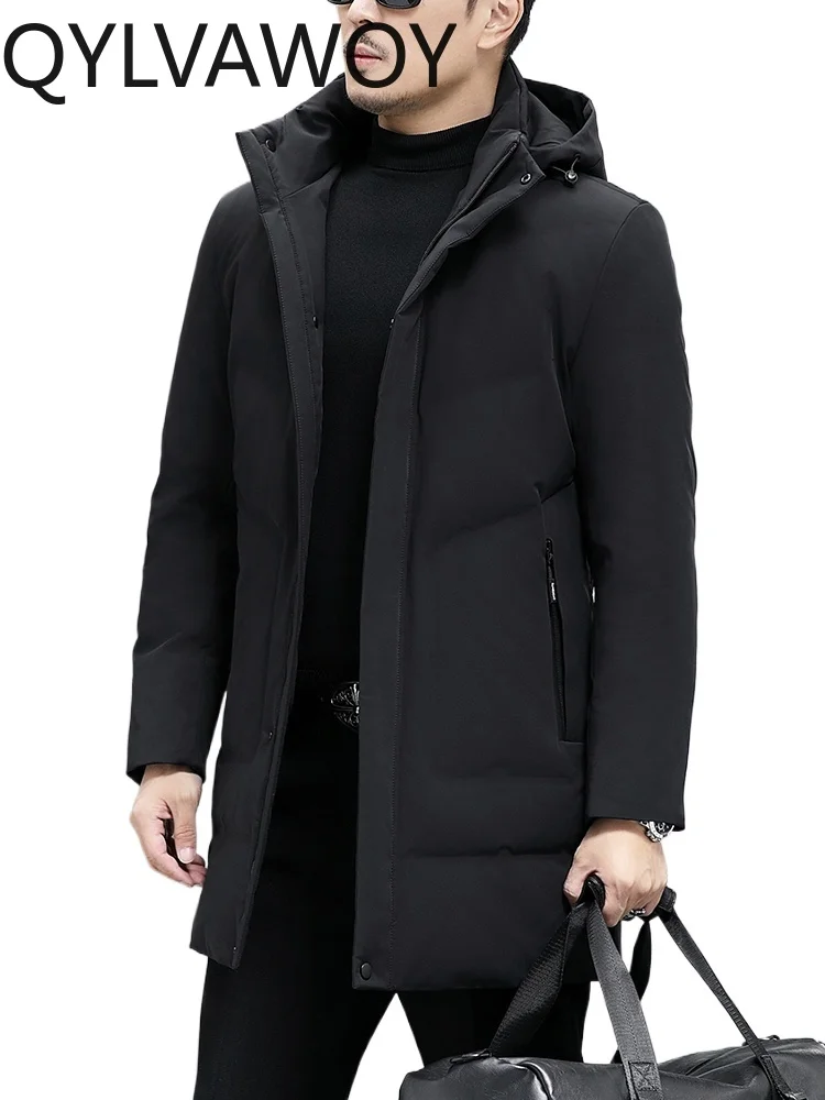QYLVAWOY 80% Polyamide Men's Winter Mid-Long Cold-Resistant Casual Down Jacket Middle-Aged Dad's Wear Hooded Outerwear LJ2095