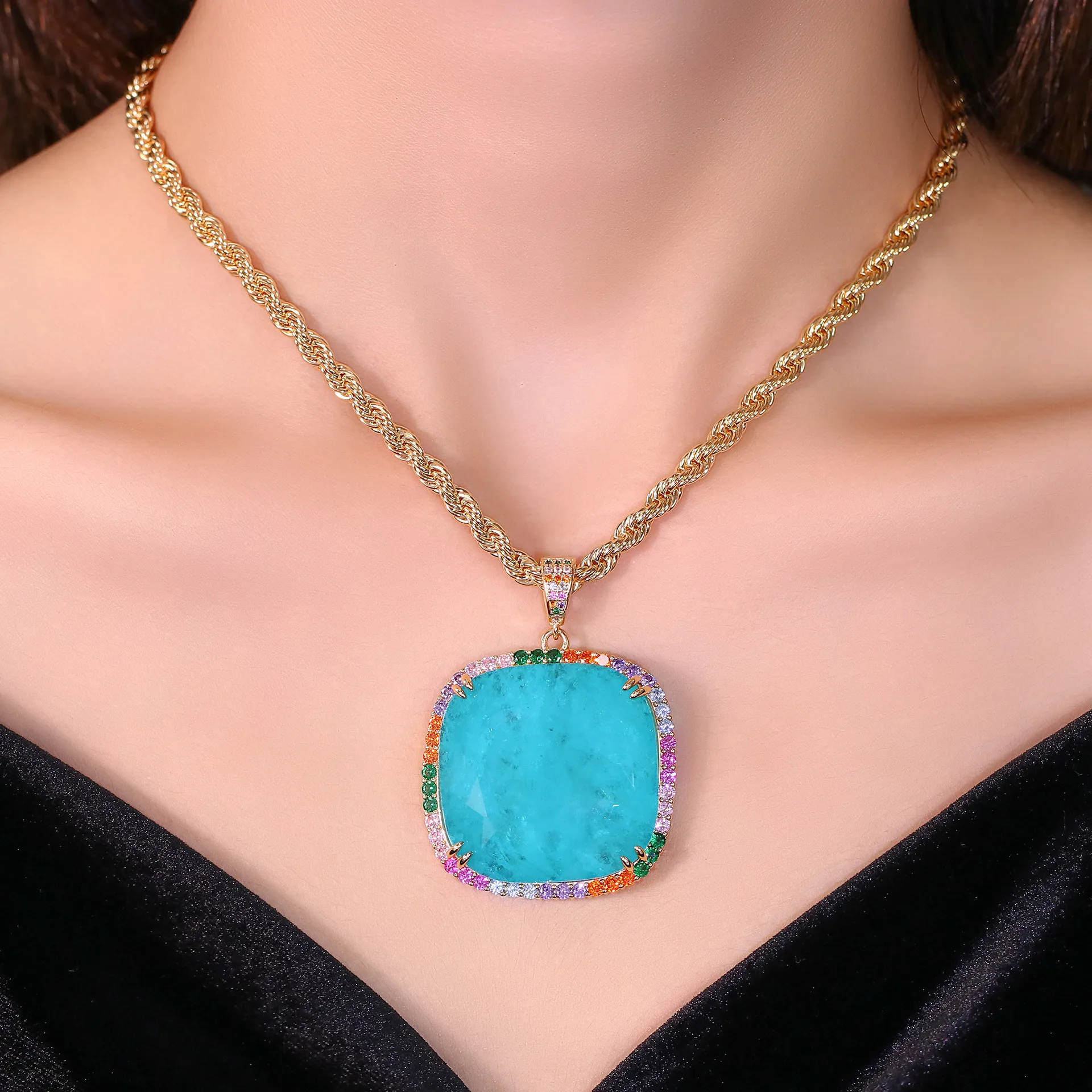 

Square Green Necklace Colourful Treasure Necklace Dinner Party Copper Plated Gold Chain Paraiba Collar Chain Female